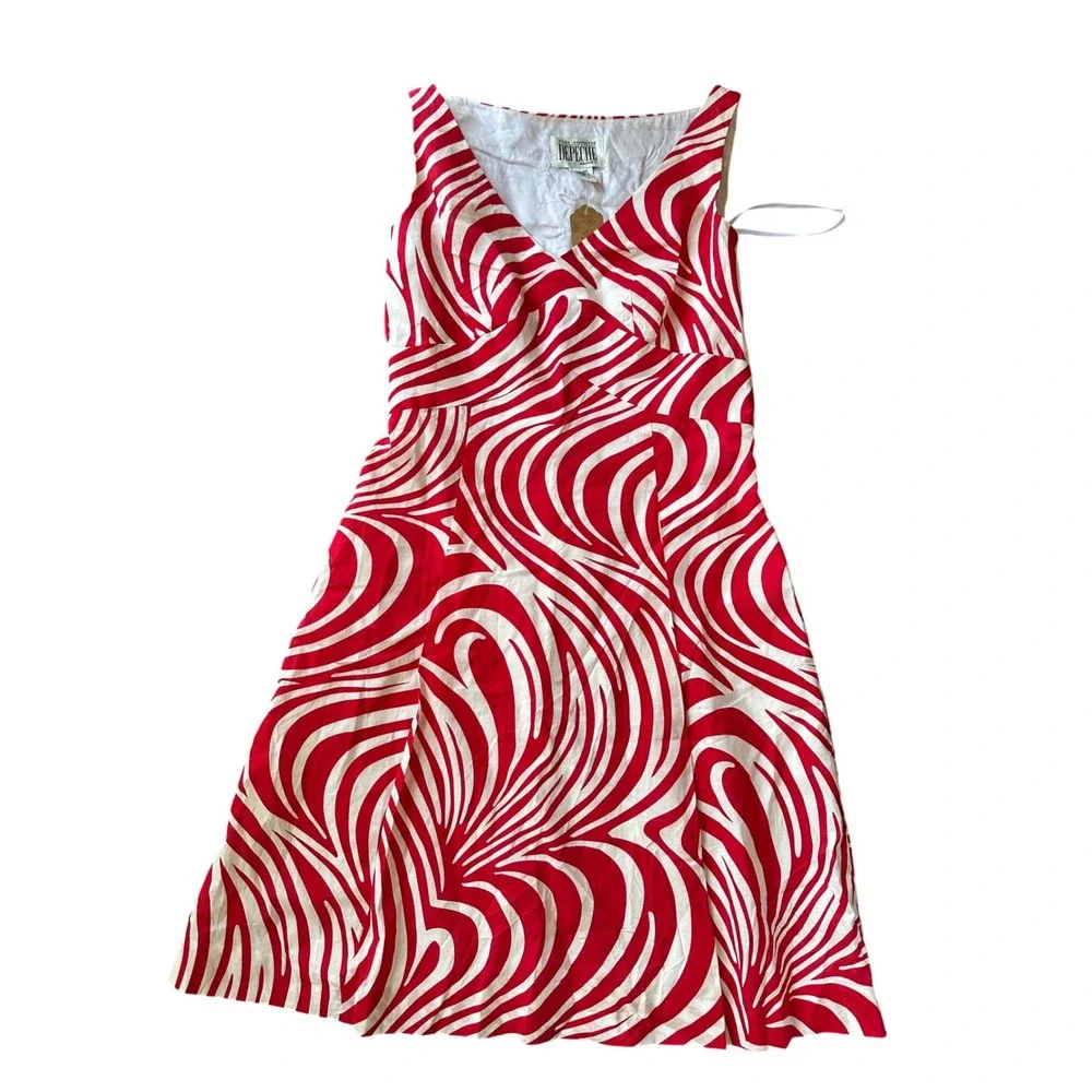 Yves Cossette Depeche Mode Red White Swirl Print A-Line Dress‎ Size 6 V-Neck